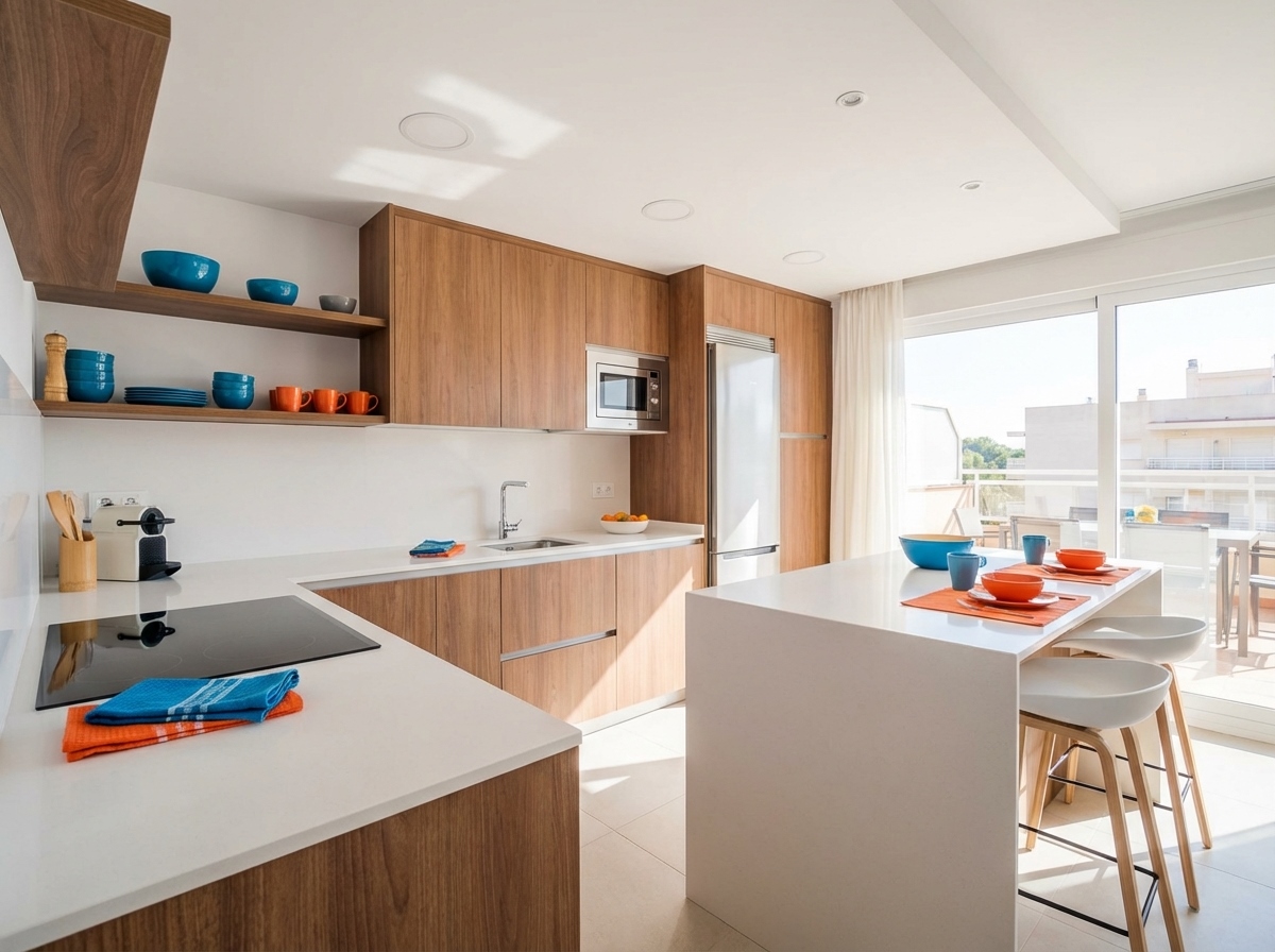 Cocina equipada en apartamento turístico de Salou (vitro, microondas y nevera)