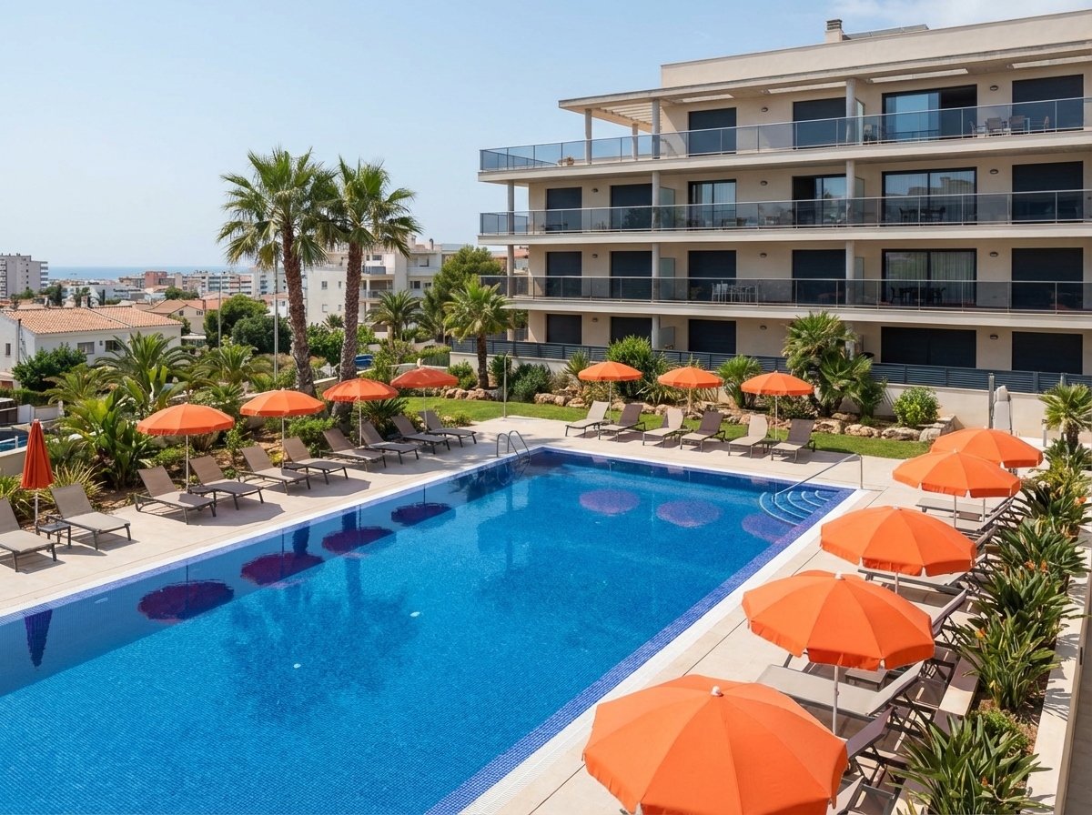 Piscina comunitaria en complejo de apartamentos en Salou