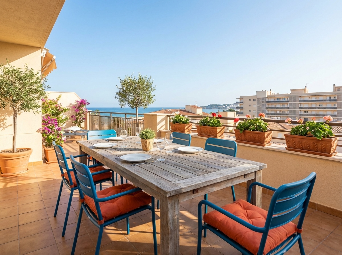 Terraza amueblada en apartamento de Salou con mesa y sillas