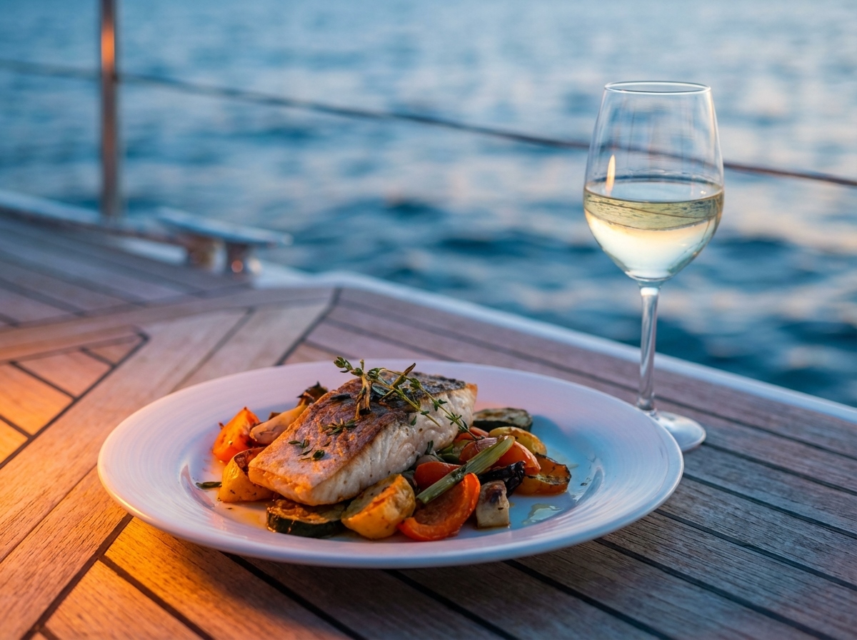 Platos servidos en cena a bordo en Salou