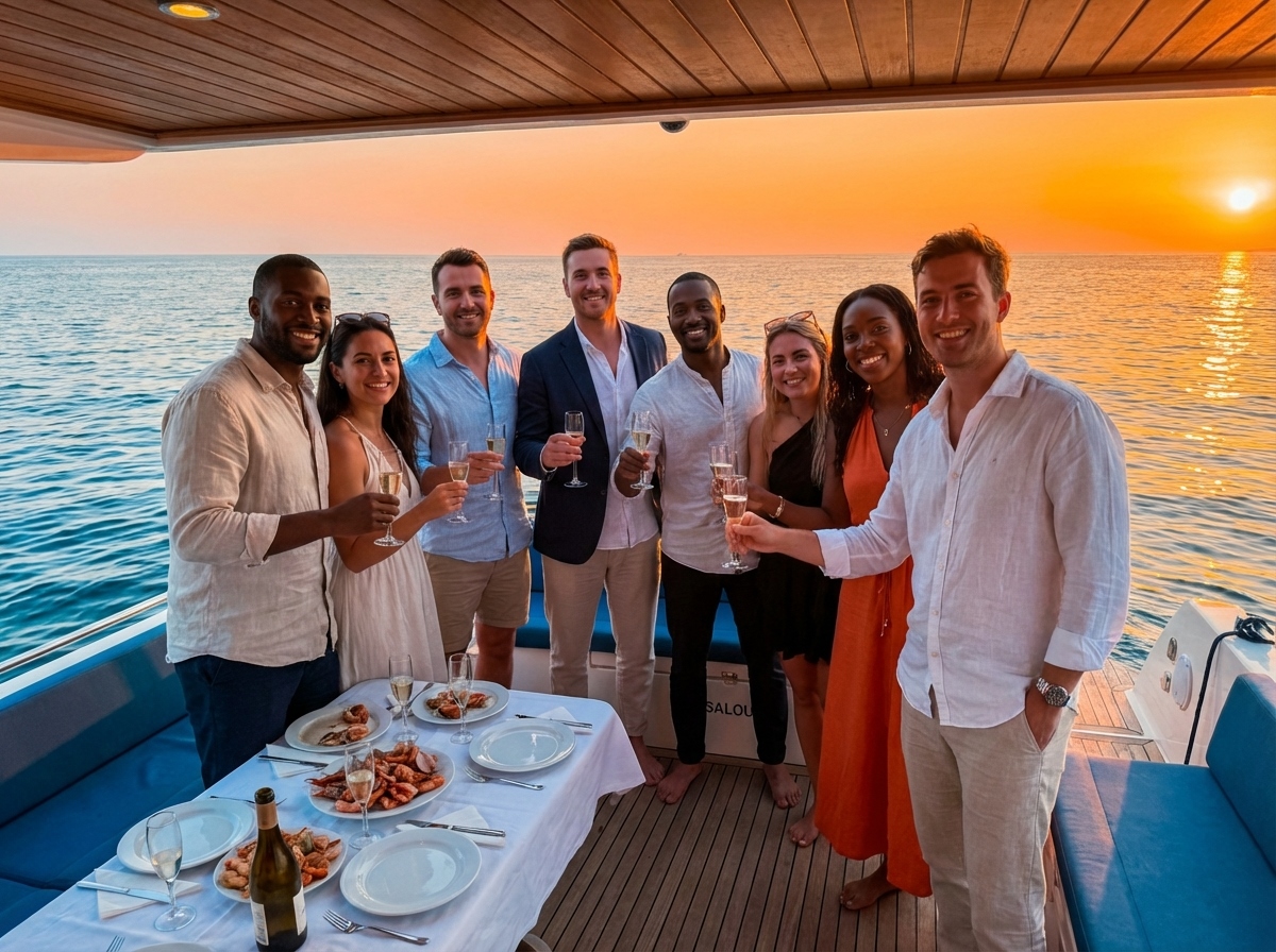 Grupo brindando en barco durante Boat Dinner en Salou