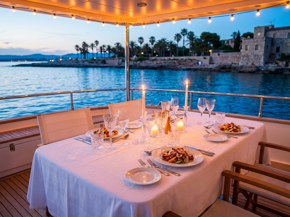 Mesa montada en cubierta para cena privada en barco en Salou