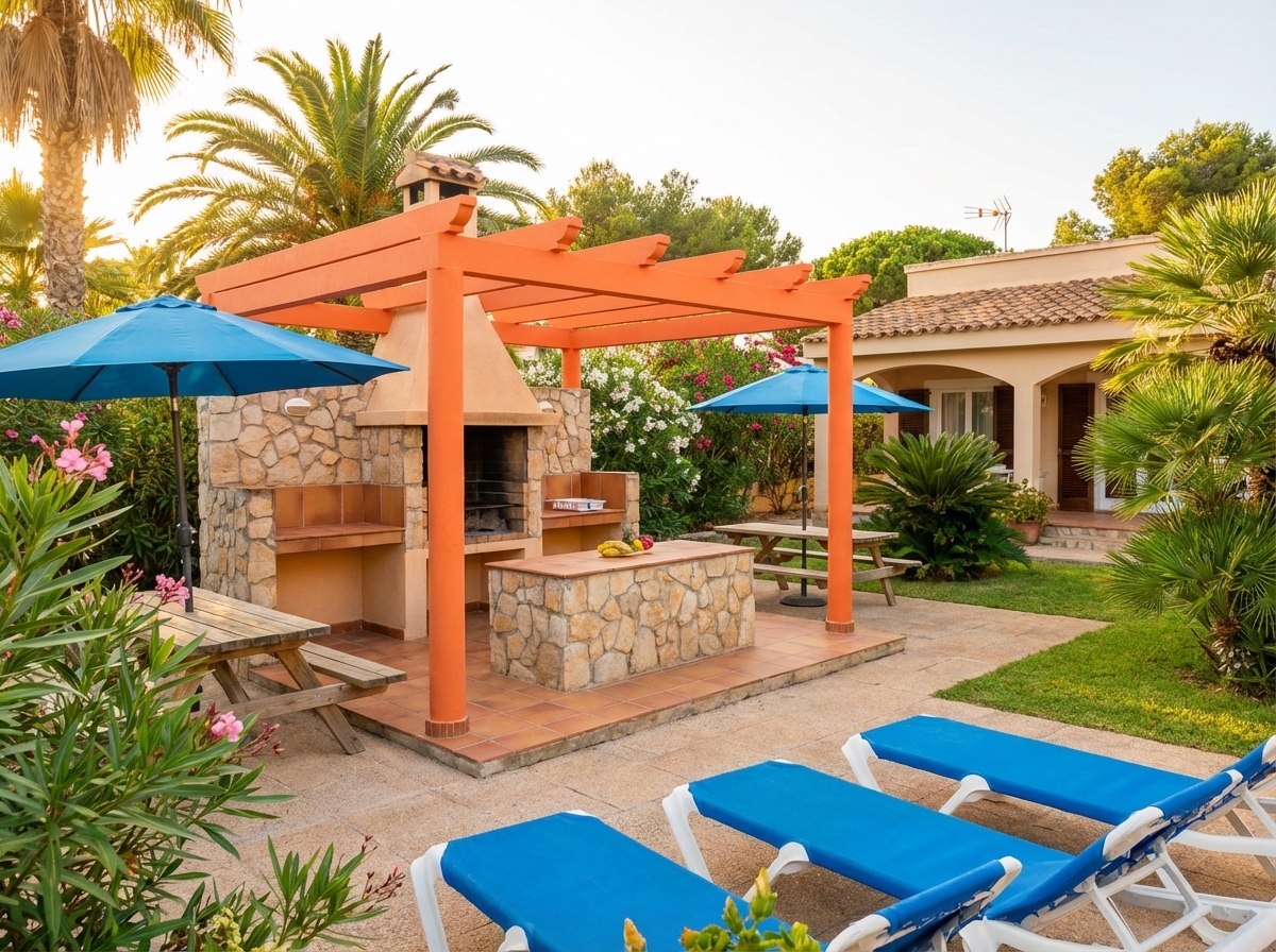 Jardín y barbacoa en bungalow para grupos en Salou