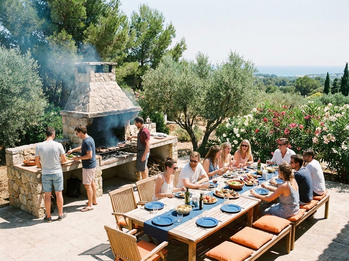 Zona de barbacoa y mesa larga en casa rural cerca de Salou