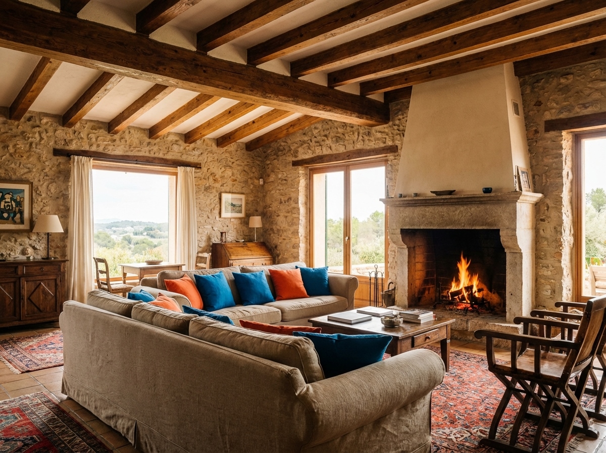 Salón interior rústico con vigas de madera en casa rural para grupos