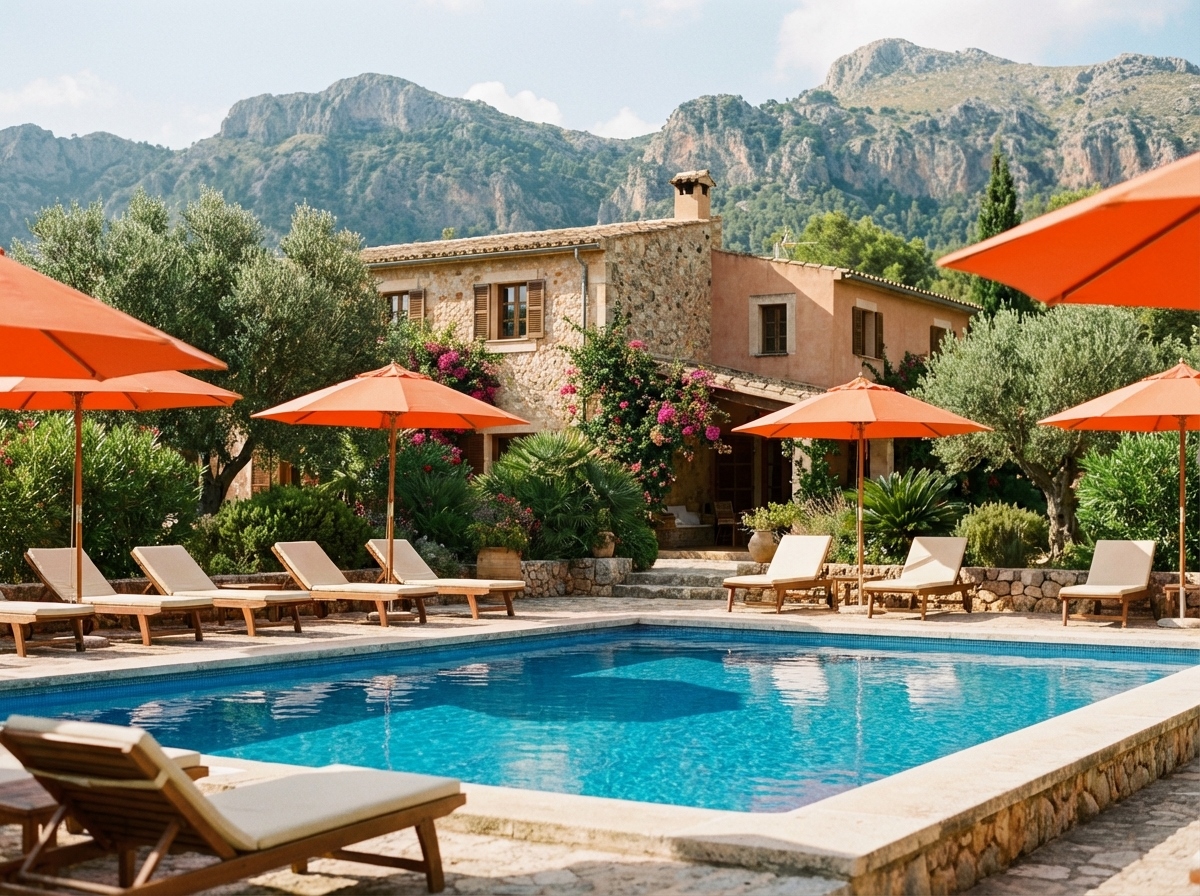 Piscina privada en casa rural cerca de Salou con tumbonas