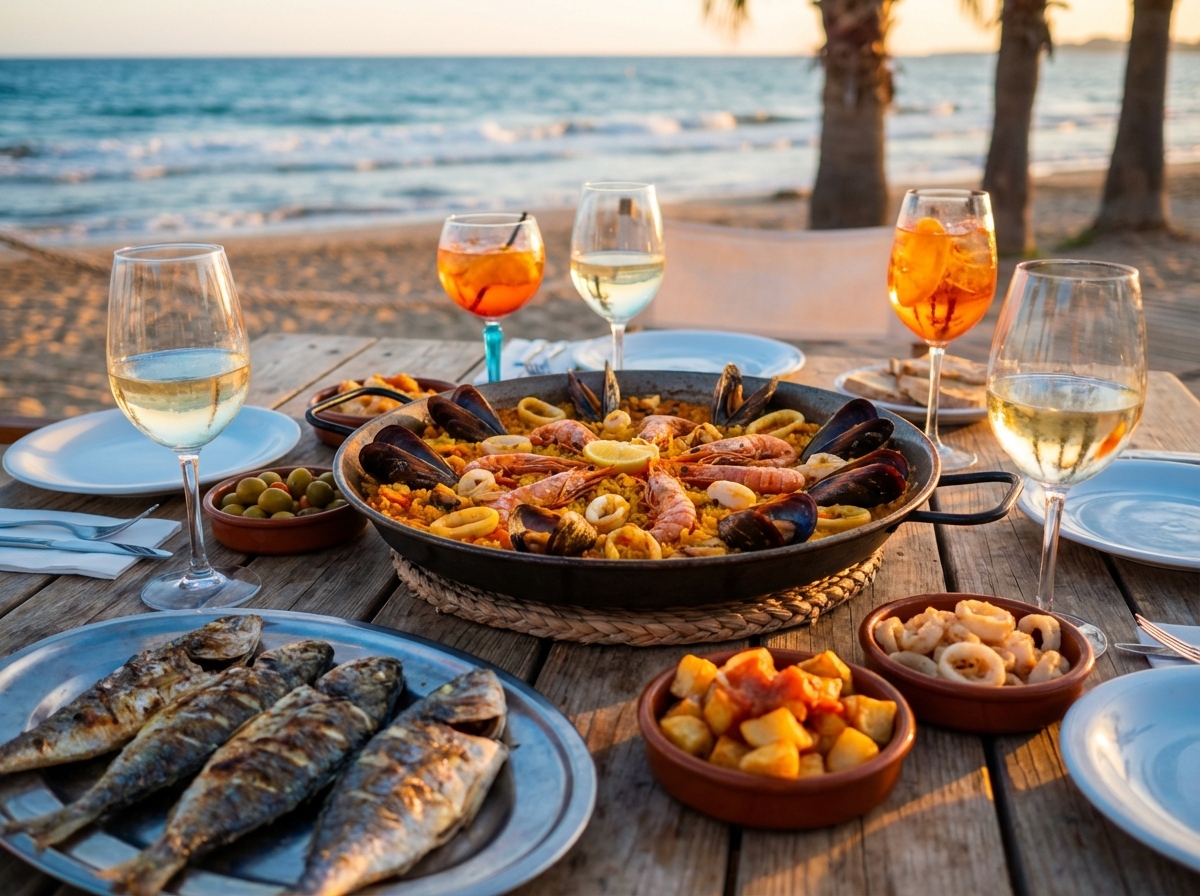 Paella y marisco en cena de chiringuito en Salou