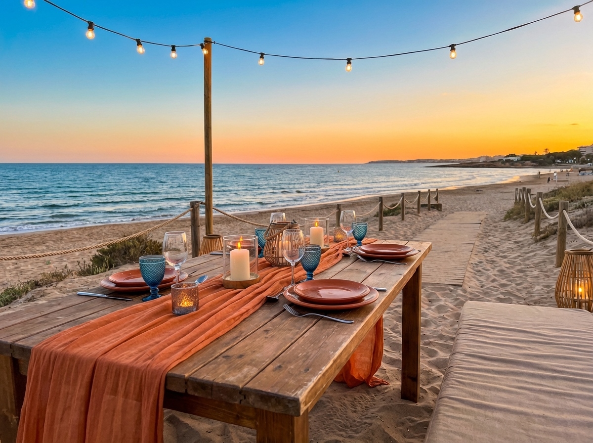 Mesas montadas en la arena en chiringuito de Salou