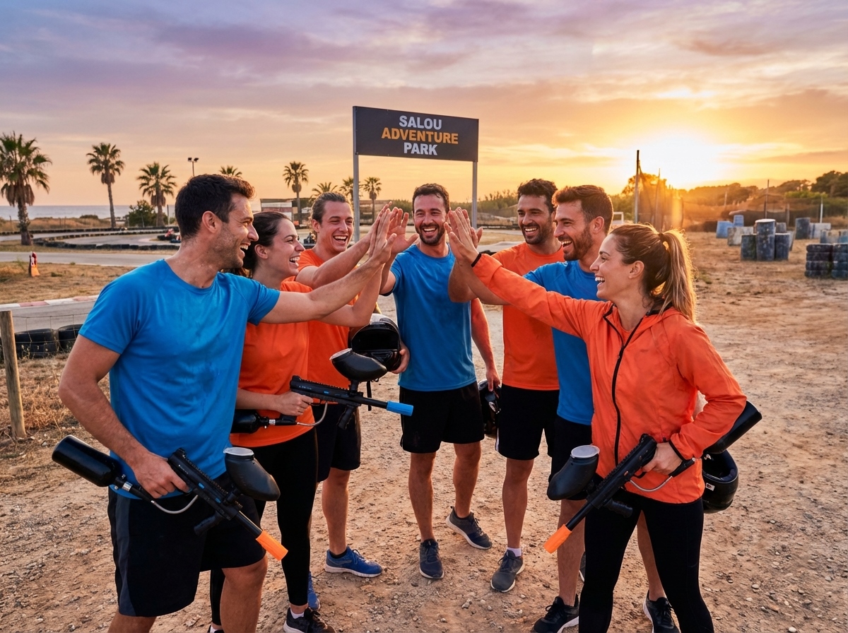 Grupo celebrando después de actividades de adrenalina en Salou