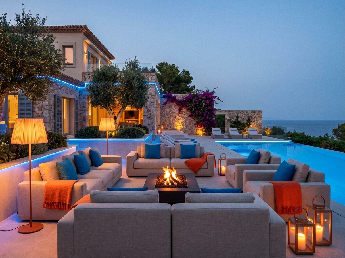 Zona exterior chill en villa de lujo en Salou con sofás y luz cálida
