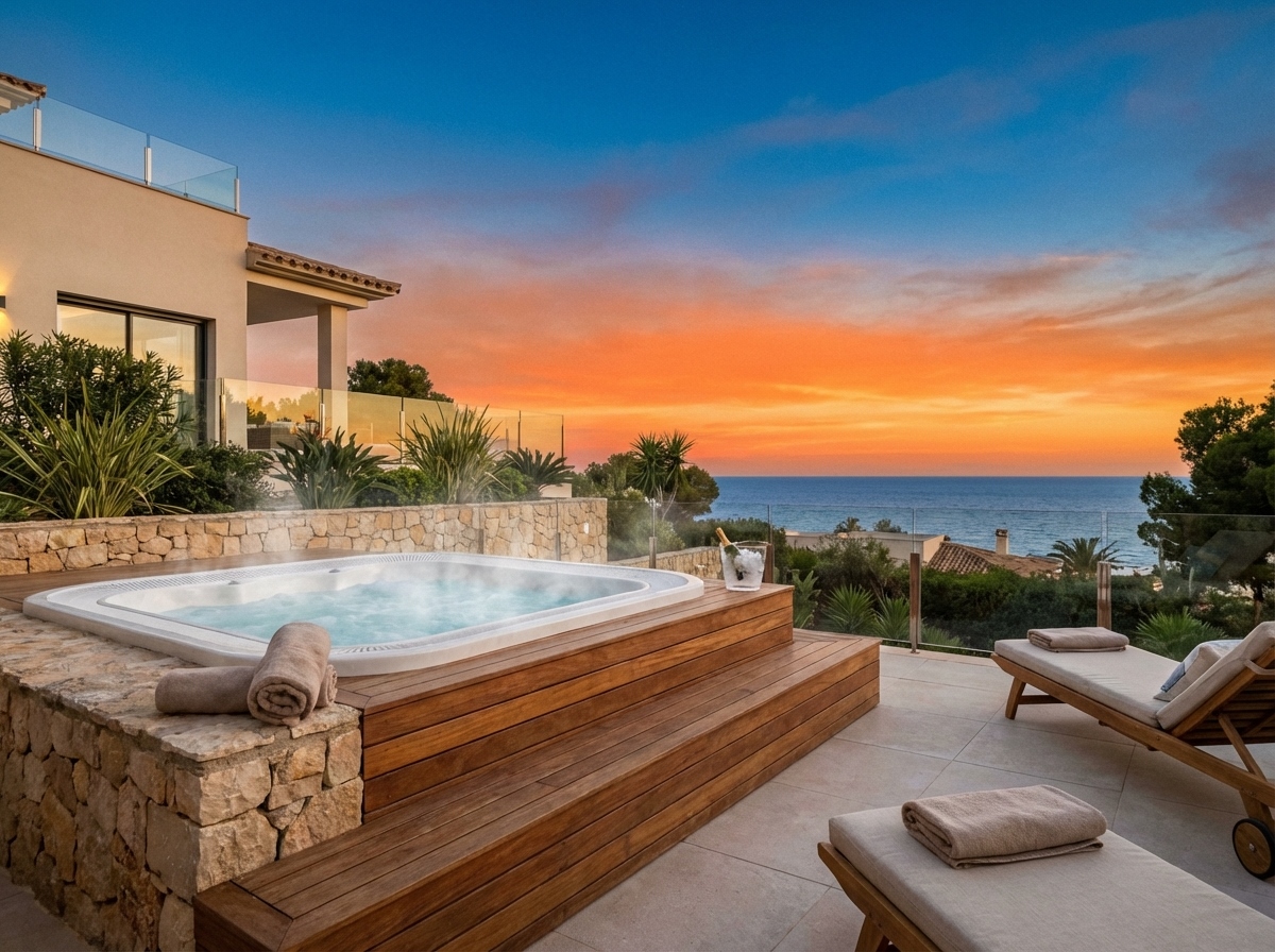 Jacuzzi en terraza de villa de lujo en Salou con vistas al Mediterráneo